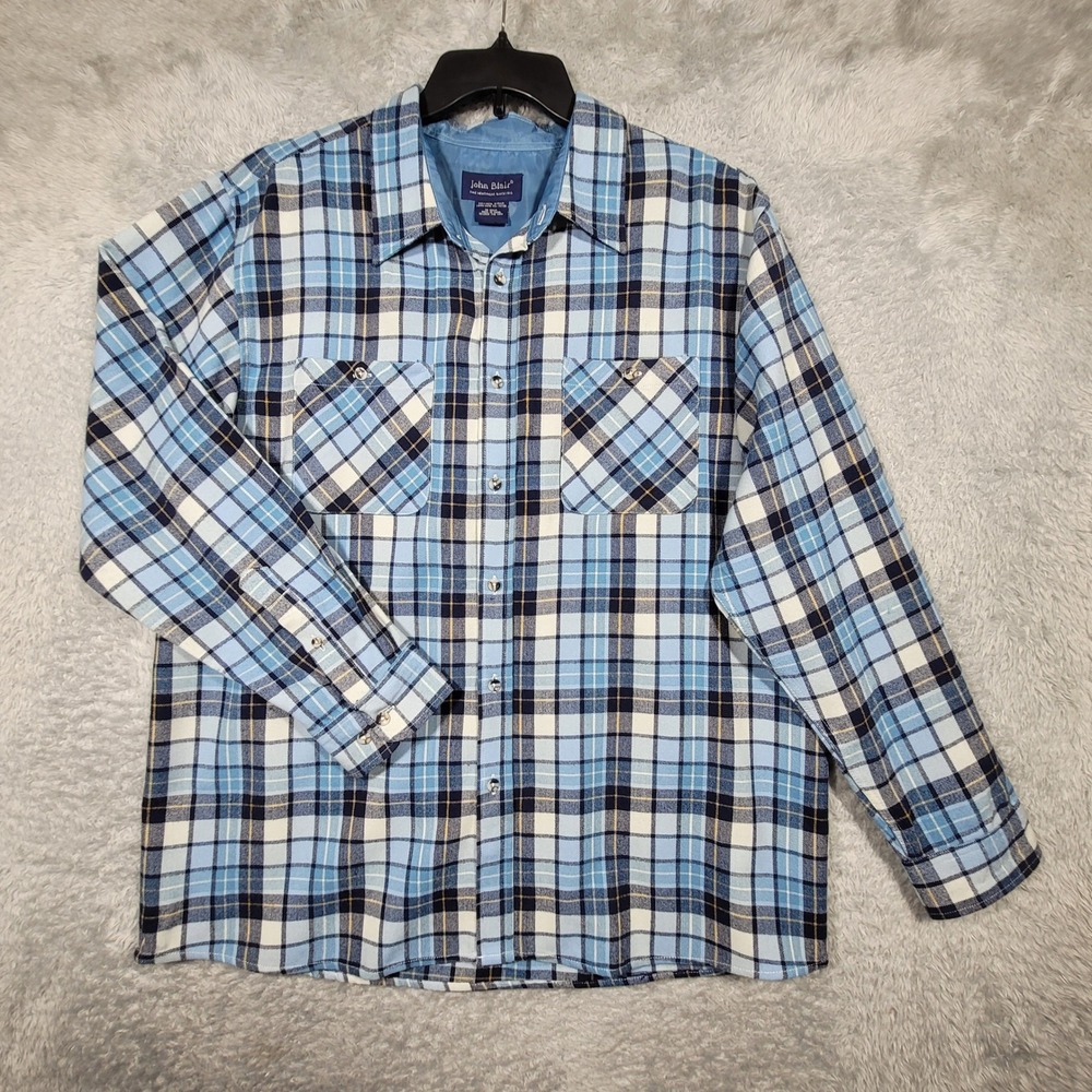 John Blair Mens Flannel Shirt Long Sleeve Plaid Acrylic Blend Blue‎ Large